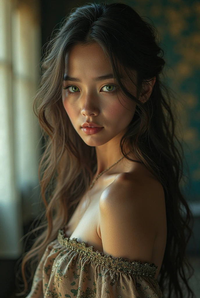 a beautiful woman, with blue eyes, dark hair and an S-shaped body