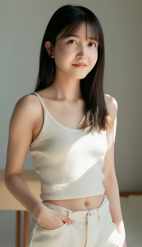 10yo, slender girl, (make up:1.1), (white short camisole:1.2), small breasts, at school room, (upper body shot:1.1), cowboy shot
