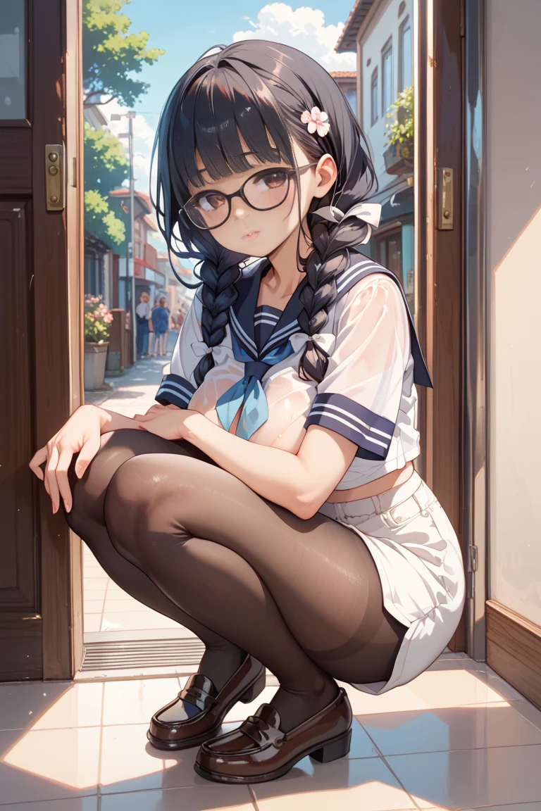 (1girl), (( squatting down on a table made of glass , spreading her legs open:1.8 )),　((a viewer is under the table, and look up her from below :1.8)), (dripping milk and syrup:1.6), looking at viewer, Perfect style,super gigantic huge breast, super gigantic plump butt, beautiful slim curve, (super beautiful tighs:1.5), beautiful face, accurate, anatomically correct, highly detailed face and skin texture, detailed eyes, blue eyes, double eyelids, thin eyebrows, glitter eyeliner: 1.2, blushed cheeks, round face, glossy skin, fair skin: 1.2, (glossy lips: 1.4), (heart shaped pupils) , smiling full of compassion , innocent and Cute girl, BREAK first-person-view, ((Wearing , costume of barista :1.6)), ( it consists of stylish cafe apron, white blouse, full length pants ) , ((( glossy black hair with vivid red sidecolors:1.5 ))), (( beautiful extra long hair, straight with little side braids:1.6)), (glossy accessories:1.5), (Glasses that give an intellectual impression:1.6), BREAK (Full body shot: 1.2), (focus on her tighs), ((( at a cafe , gentle sunlit: 1.6)), (very comfortable atomosphere:1.6), top quality, (Masterpiece: 1.3), (Maximum resolution: 1.2), (Ultra HDTV: 1.2), Cinema light, Ultra HDTV, (Detailed eyes and skin), (Detailed facial features), HDR, 8k resolution, Sharp Focus: 1.2,