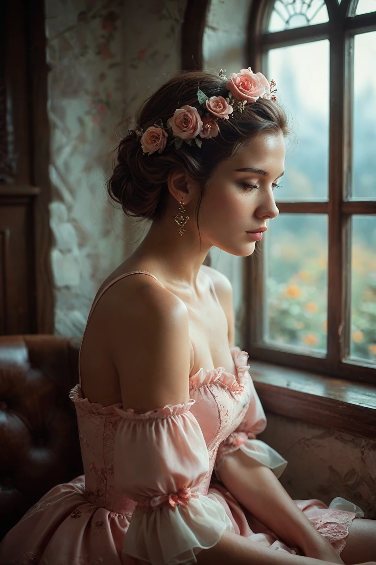 (Cinematic Photo:1.3) of (Realistic:1.3),(Cosy:1.3) beautiful 18 year old girl, (intricate light brown hair messy bun), highly detailed skin textures, lifelike skin texture, looking intimately directly at camera, (looking at viewer), pouting lips, Pastel, glitter, dramatic, dreamy, pastel flower garden, Watercolor, Whimsical, Delicate, Highly detailed, Intricate, digital painting, Fantasy theme, mini white lace top off the shoulder, showing stomach, Fantasy concept art, Fantasy character art, beautiful age girl, perfect body, highly detailed full body shot, dreamy, pastel, Watercolor, Whimsical, Delicate, Highly detailed texture, life like texture, digital painting,Highly Detailed photograph,(Art Deco:1.3),(Photorealism:1.3),(Classical Realism:1.3),(Fujifilm Superia:1.3),naturalism, golden hour light