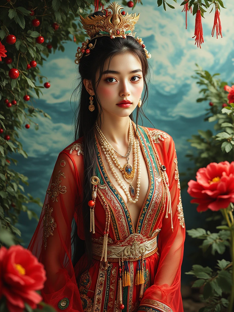 A woman seen from the front, bent over on the ground facing forward, legs spread apart, busty and naked, wearing a crown and showing her thighs and feet from below, in the Chinese imperial court of the Qing dynasty.。She is completely naked, showing off her gorgeous large flowers and hairpins, her hair tied up and pulled up, and the background is the stone paving of the Chinese palace of the Qing Dynasty.