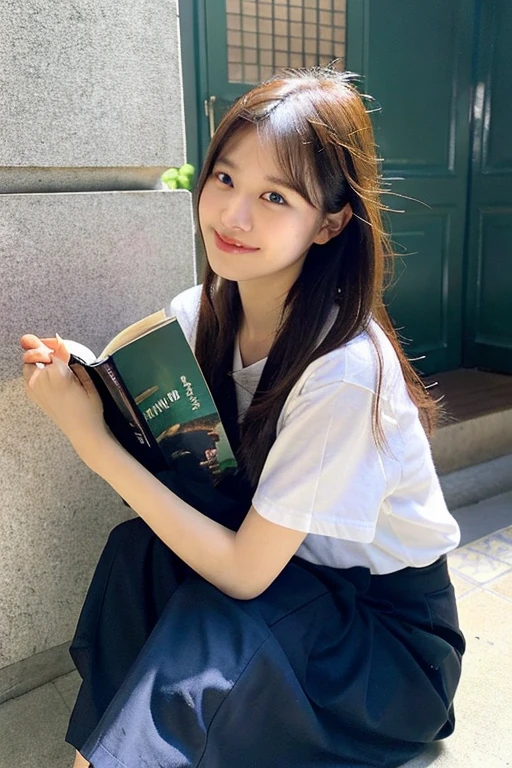 1 Girl,bookshops,Soft Light,Chinese Beauty,Short sleeve,Pleated Skirt,Sexy,Long hair