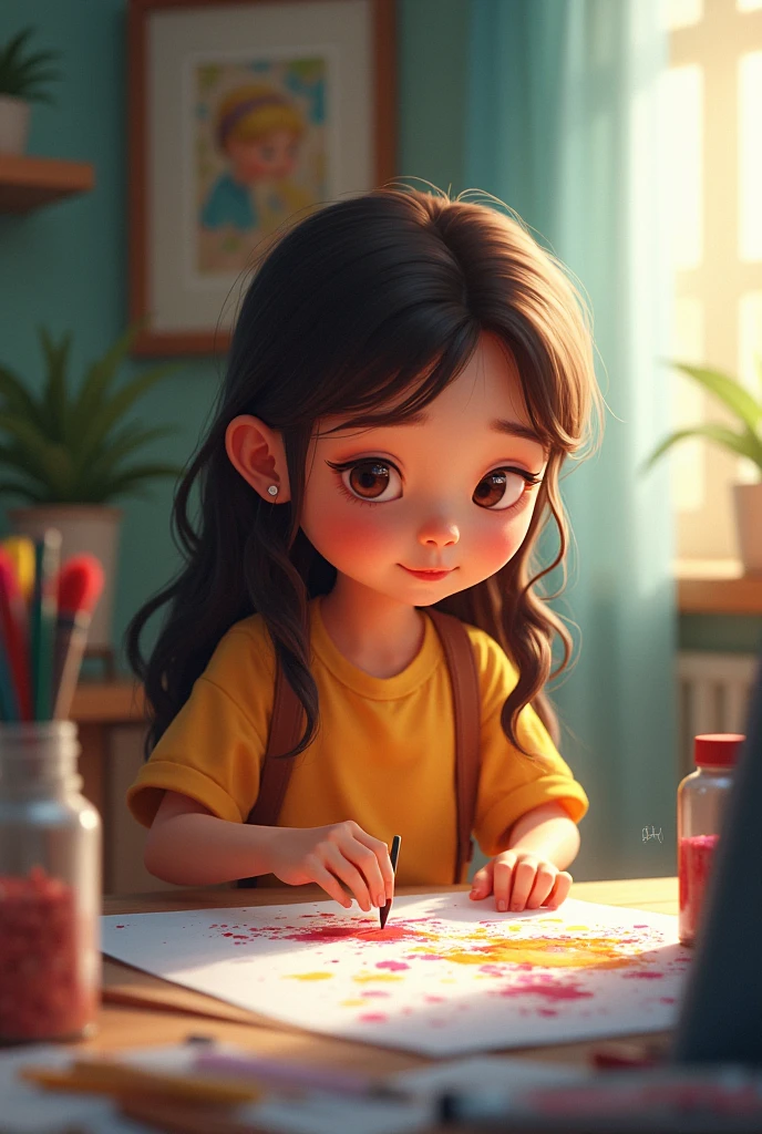 Create a child ,  white with long straight dark brown hair and short bangs, com olhos castanhos, with colorful dress, and holding a brush and color palette in his hand. 