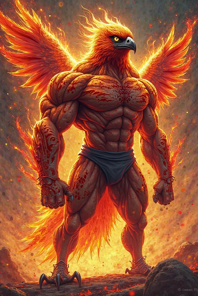 (best quality,4k,8k,highres,masterpiece:1.2),ultra-detailed,(realistic,photorealistic,photo-realistic:1.37),man with phoenix wings on his back,fire surrounding his fist,feathers,captivating expression,flaming wings spread wide,Fiery light,cinematic mood,dramatic angle,heroic stance,mythical creature,sculptural details,radiating power,celestial aura,vibrant color palette,scorching flames,epic fantasy,mythological hero,heroic mythology,combustible energy,luminous heat,dynamic movement,high-contrast lighting,archetypal figure,detailed feather texture,mythical symbolism,fiery trails,embodying strength and grace,vividly glowing embers,powerful presence,extraordinary supernatural ability,astral fire,enduring power and rebirth,fiery spirit,awe-inspiring spectacle