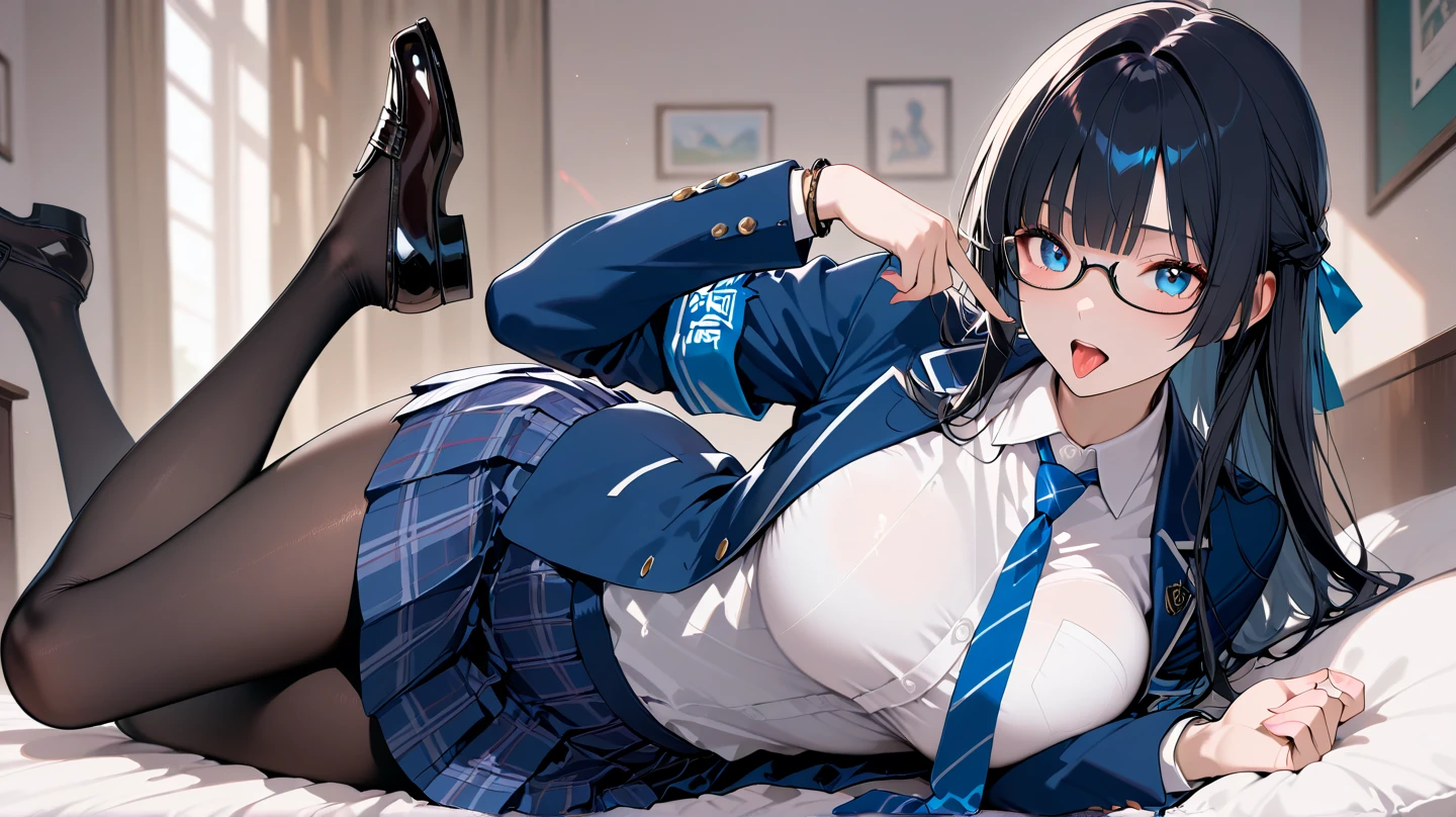 1 Japanese girl, glasses, sitting, (angle from below:1.2), (slim body:1.3), huge breasts, short hair, black hair, school uniform,