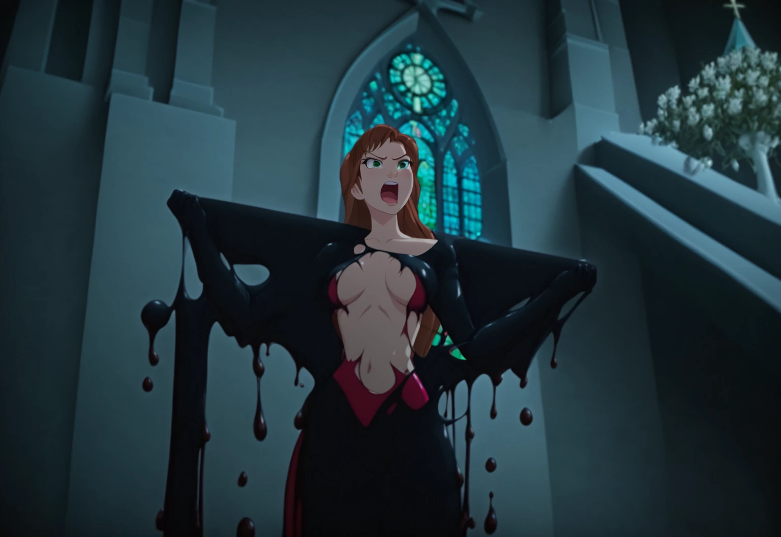 vampire teeth , ((((nighttime))) , 2girls,looking at each other in the eye, long hair , RAW photo, high quality, film grain,simple background, presenting, beautiful, (black and red lined satin cloak tied at the neck:1.20) , breasts, cum in pussy, big ass, ,standing cunnilingus,clothes lift,bottomless, moonlit graveyard , (2girls,yuri), licking vagina, naked pussy
