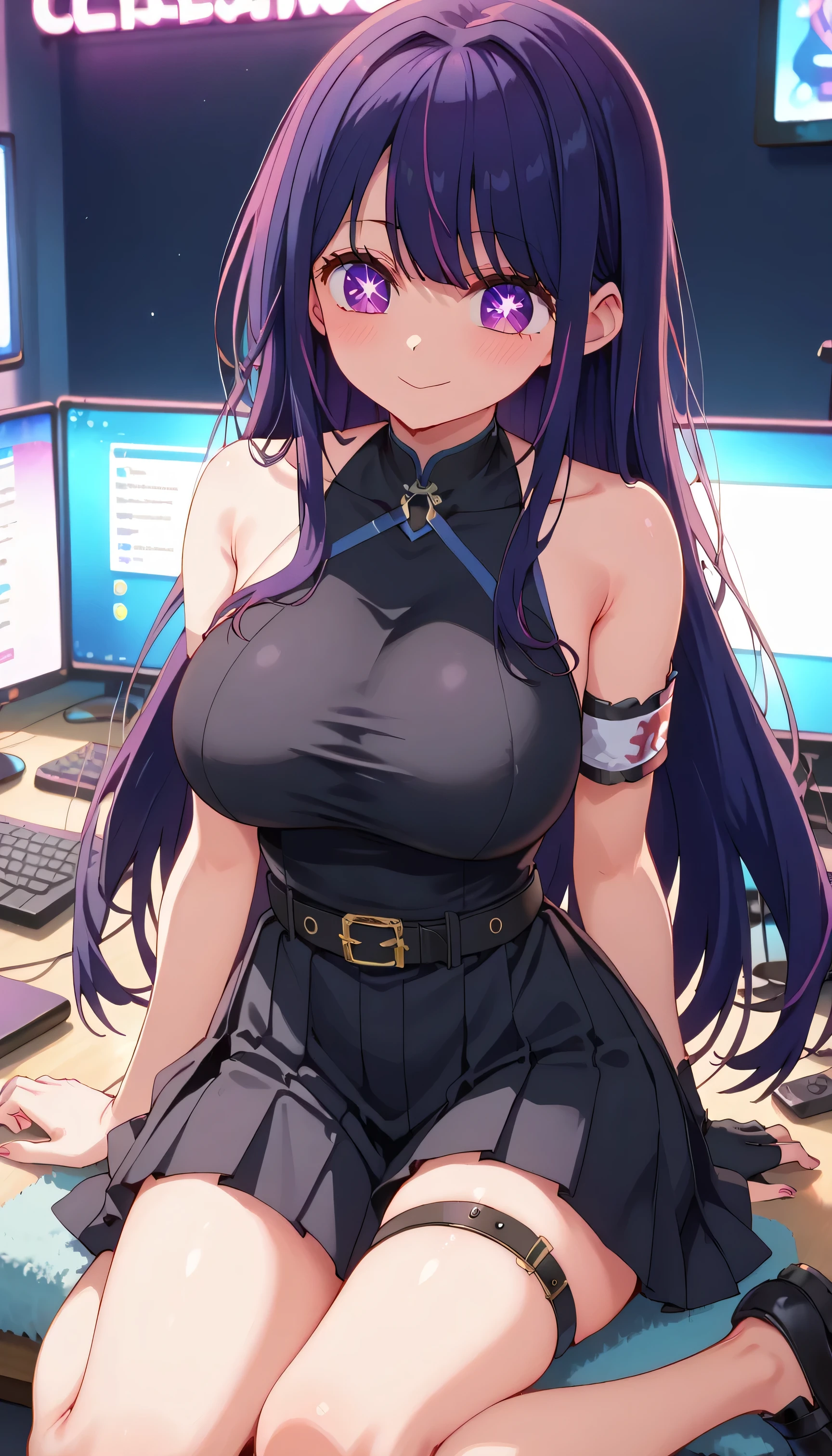 Gamer girl, Ai Hoshino, ((big breasts:1.3)), embarrassing, looking at the camera, purple hair, long hair, bangs, (purple eyes:1.1, symbol-shaped pupils), purple hair, skirt, gloves, dress, bare shoulders, pleated skirt, sleeveless, black gloves, elbow gloves, belt, miniskirt, black skirt, black footwear, (black dress:1.5), thigh strap, sleeveless dress, halterneck, armband, single glove, black belt, pleated dress, arm strap, in a room with gamer computers, cyberpunk, perfect lighting, HDR, ultra resolution , very detailed, masterpiece, ultra quality, 4K HD, NSFW,