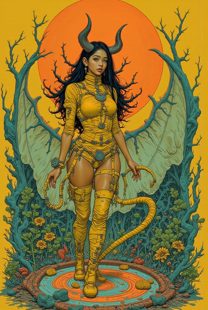 masterpiece, high quality, classical, (1girl:1.3), (upper-body shot:1.21), artistic, painterly, (brown skin:1.321), (((taniwha))), barefoot, very long black hair, hair over one eye, dark forest, nighttime, soft lighting, character focus, [diffused lighting:1.1], (gold eyes:1.321), wide hips, huge breasts, creepy pose, angel and demon