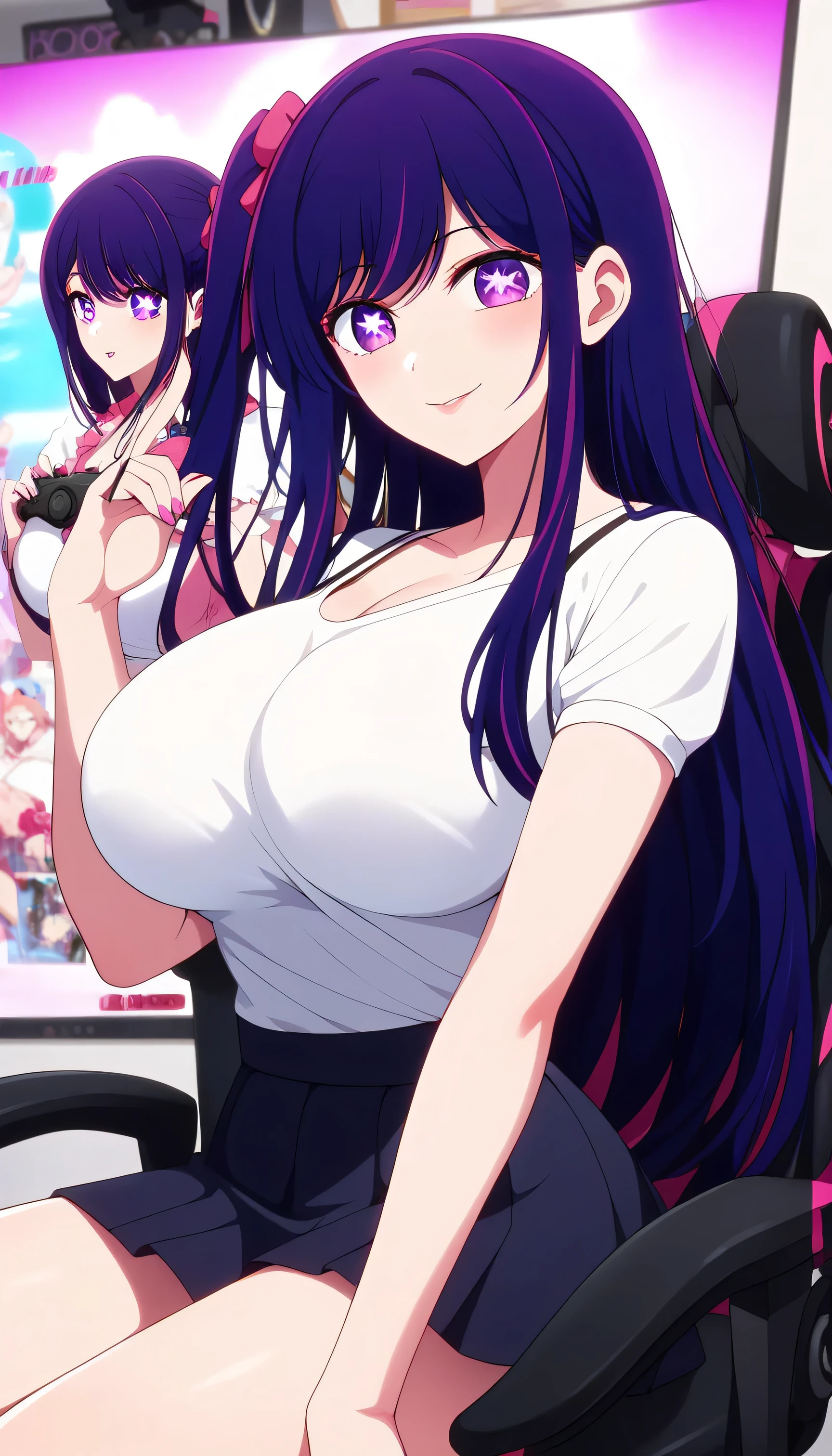 masterpiece, best quality, highly dramatic picture, beautiful eyes, cinematic lens effect, big beautifully shaped breasts , ultra cute, ultra sexy, ultra bouncy , ultra curvy , horny , pervert, Dutch angle ((Busty Bitches)), Ai Hoshino, ecchi girl, gamer girl, gamer chair, white bra, black mini skirt, skirt, Purple pigtails, purple hair, long hair, bangs, purple eyes, symbol-shaped pupils, large breast, streaming