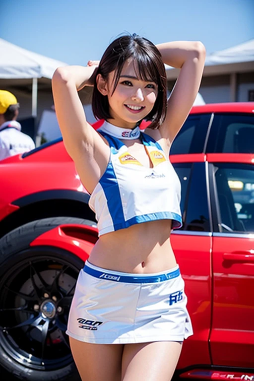 (High resolution 8K),( highest quality), Super detailed, (masterpiece), ( 25 years old), (from whole body to toes:1.2)、((side shot:1.1)),((Side view:1.1)),((sitting on the hood of a car)),((Race Queen Colorful Bikini)),((sexy portrait:1.3)),((stretch pose)),(big breasts),(big ass)、(smile at the camera)、( smile while looking at the camera ),(full body shot:1.1) ,),(short ponytail),(Photoreal:1.1),((スポンサーにはOptimismのロゴが印刷されます.Optimism;grid girl costume..:1.3)), (ultra thin bikini) , (look at me and smile)、((Side view:1.1)