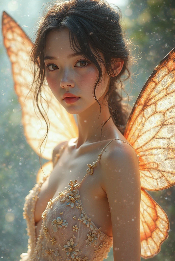 masterpiece, top quality、original photo, realistic、a fairy、(The wings are transparent and shiny., As thin as an insect wing,,,,,,:1.3)、Detailed wings、A fairy with a body that looks exactly like a .、The entire body glows emerald green.、、Nonsense、depth of field, highest resolution, very detailed, sharp focus, movie lights,exquisite eyes,double eyelid,(((nude))), spread your legs