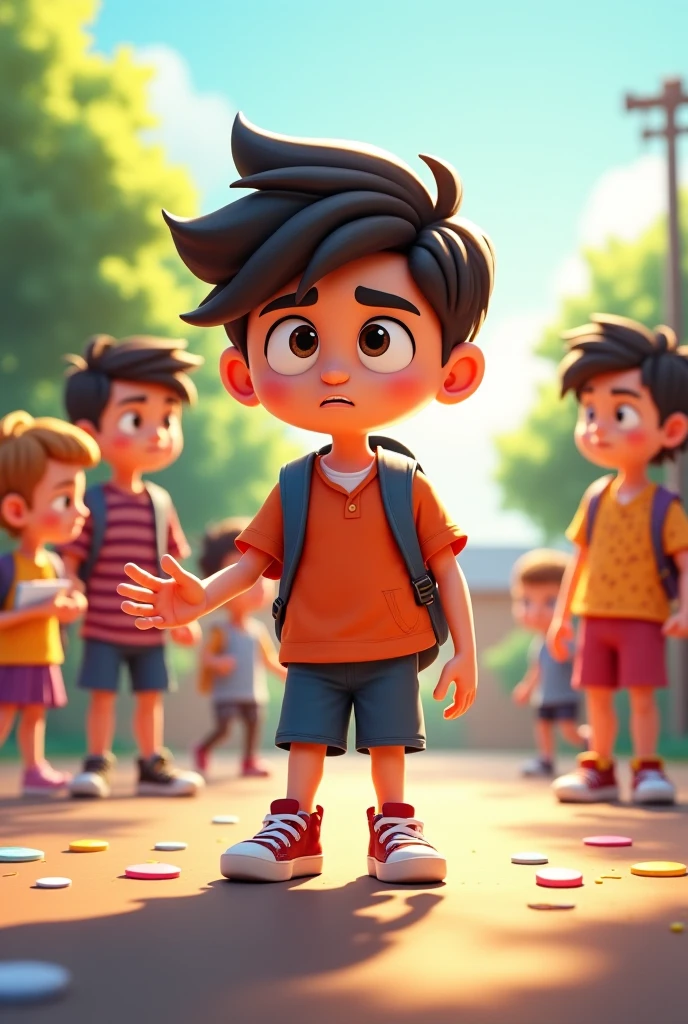 Prompt: Ali is depicted with a greedy expression, eyeing toys and items held by other children. He stands with his arms crossed, looking envious as he glances at the other children playing