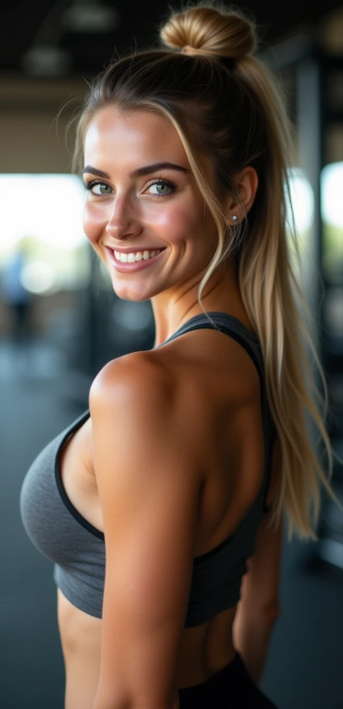  A young woman with long hair, blonde, smiling honey colored eyes, wearing gym clothes , 4K ultra realistic full body