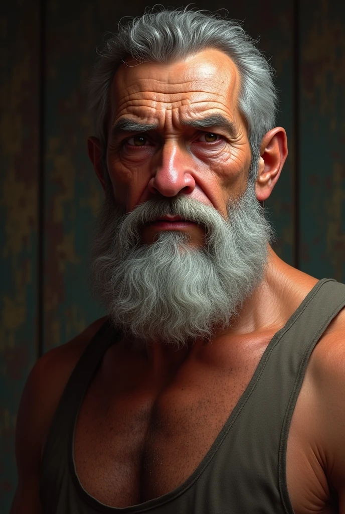 A muscular elderly man, extremely detailed face, detailed wrinkled skin, bald head, bushy eyebrows, long white beard, nude body, detailed anatomy, dramatic lighting, cinematic composition, epic scale, vibrant colors, 8k, ultra detailed, photorealistic
