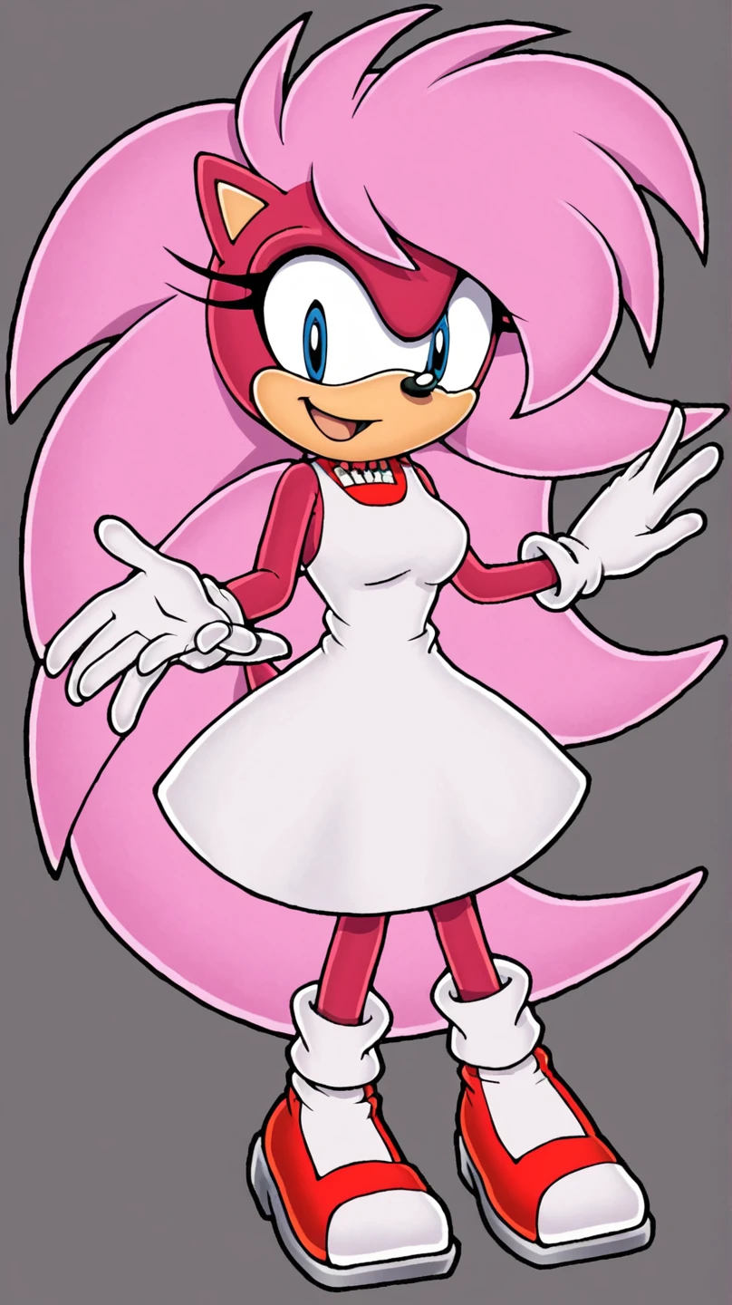 (1girl), (solo), Female Hedgehog, Amy Rose, Pink fur, long quills/hair, 3 large hair bangs, green eyes, slightly above average sized bust, milf, (dressed as a princess), dress similar to Princess Peach outfit, gold crown, red dress, puffy sleeves, (long white gloves), dark red panniers at the waist of dress, makeup, lipstick, eyelashes, puzzled expression, eyelids semi closed, slight cleavage, v-neck, full body, daytime, mobian, mobius city