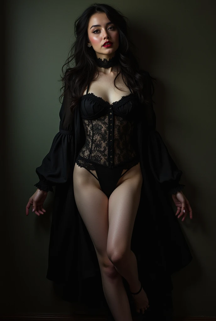 In the depths of the night, a dark goddess emerges from the shadows, adorned in an ethereal garment that seems to transcend this realm. She embodies an otherworldly entity, exuding an aura of something unearthly mystical. With an enigmatic presence and an air of mystery, she evokes a sense of Gothic beauty that captivates all who gaze upon her. Through the masterful strokes of the artist's brush, the intricate details of her form are brought to life in stunning realism, revealing the intricate patterns that adorn her attire. Her mesmerizing eyes, filled with ancient wisdom, seem to hold secrets of the universe, while her lustrous and firm skin radiates an otherworldly glow. As she stands amidst a backdrop of