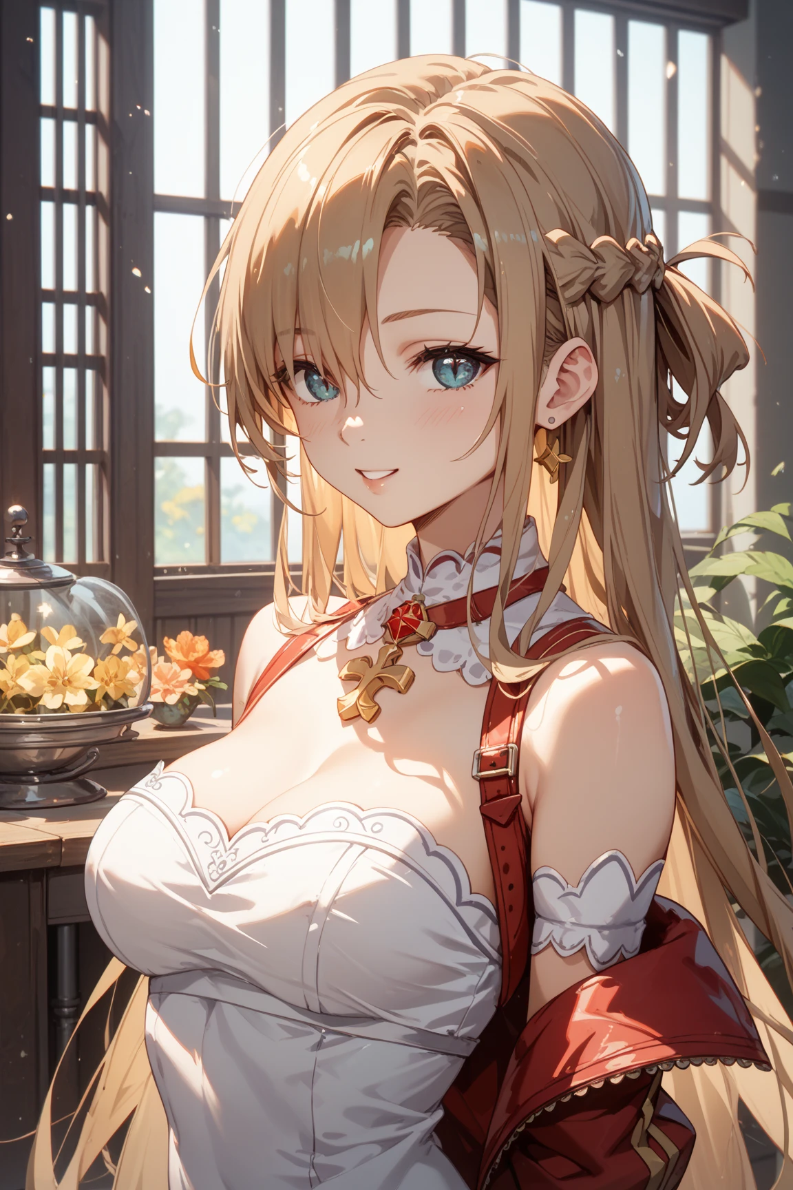 blue eyes, (highest quality, masterpiece painting:1.3), mature woman, 20 years old, (half body shot), masterpiece, ultra high resolution, (Photoreal:1.0), gold hair, beautiful shining hair, white and shining skin, ((Ultra realistic details)), octane rendering, highly detailed face, (big breasts:0.8),(sexy and cute cheongsam,red and white contrast outfit,delicate decoration:1.2), open neckline, (necklace:1.0),cleavage, perfect body, soft skin, anime face, perfect face, perfect eyes, looking at the viewer, smart, Under autumn leaves tree background, Autumn leaf petals are falling, outdoors,shrine, sharp focus, intricate details, professional artwork, (bright colors:1.1), bright colors, diffused lighting, digital blending, ultra-definition body, ultra detail hair, super detailed face, that'It's trending on pixiv, top button open, Cute gaze, compensate, perfect lips, perfect compensate, Ultra-precision coating, (light_smile:1.0), (Very embarrassed:0.8),