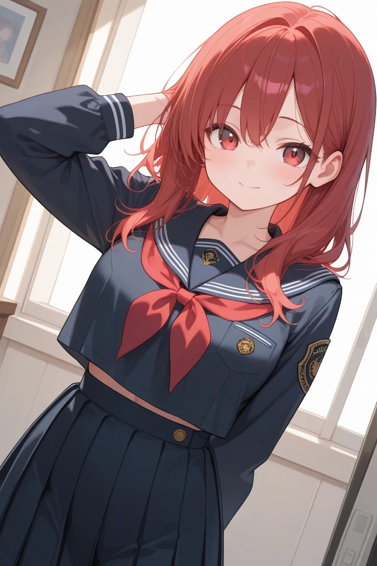 A girl, red hair and blue eyes, short hair, wearing a middle school uniform, cheeks and chubby, is at a crossroads, cute