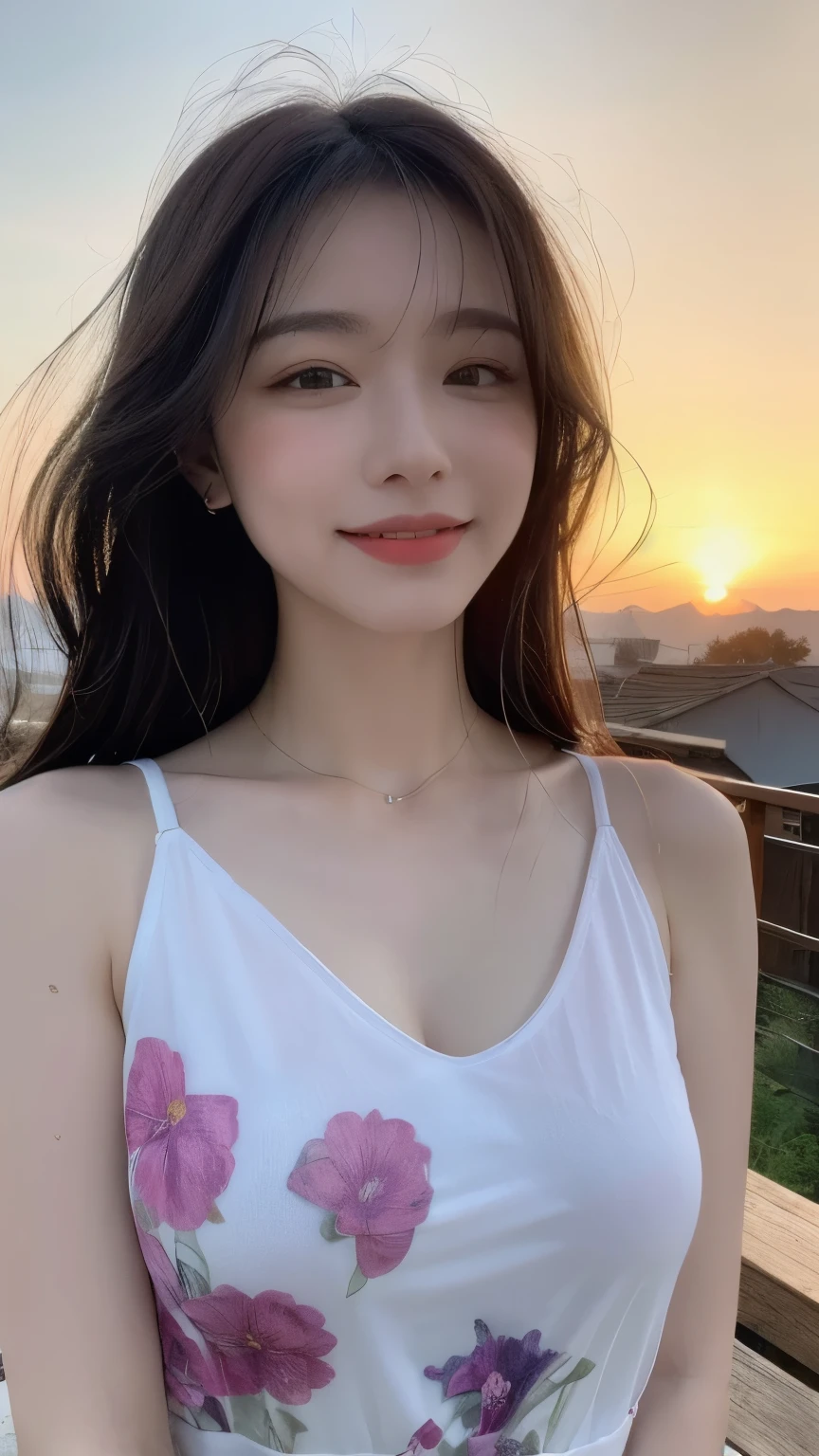 (1 Korean star with royal sister style), ((Best quality, 8K, 巨作: 1.3)), focal point: 1.2, Perfect body proportions: 1.4, (Make a smile), (Sunset: 1.3), Watery eyes, highly detailed face and skin textures, Fine eyes, Double eyelids, Whitens the skin, (length hair, Air bangs: 1.3), (Round face inches: 1.5), (off the shoulder dress: 1.4),(( In the countryside,sitted。)) The blue sky is beautiful。Play with a cute kitten