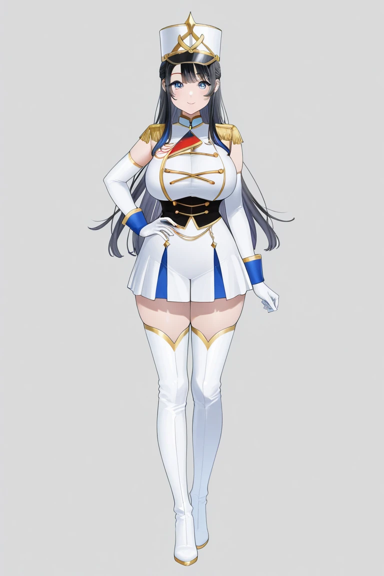 (masterpiece), best quality, nice body, expressive eyes, perfect face, beauty face girl, 1girl, solo, natural beauty, ishtar, ishtar fate, Purple Eyes, black hair, Gold hair ribbon, long hair, twintails hair, ribbon, sidelocks, two side up, black thigh highs, Humanoid, Simple armor, Red and White color Armor suit, Valkyrie, Astray Red Frame, Armor chest, safety breast, thighhighs, Sky background, stand, standing, standing full body, character sheet, upper body, portrait, looking at viewer, Gundam backpack, Booster backpack, medium breast, Fly high, full body