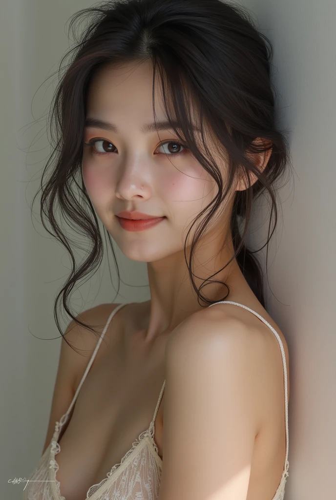 Highest quality、Photographed in natural light、Highly realistic photos、Detailed beautiful face、Japanese women、profile、One person、30-year-old female、Summer clothes、White camisole、Half Up Hair、Don&#39;t look at the camera、indoor、In front of a white wall、Big Breasts,Chain earrings