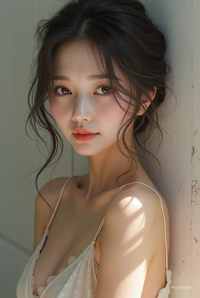 Slender Asian girl, kpop idol, in latex underwear, ((top quality, 8k, masterpiece: 1.3)), crisp focus: 1.2, beautiful woman with perfect figure: 1.4, ighly detailed face and skin texture, detailed eyes, BDSM, slave, rubberdress