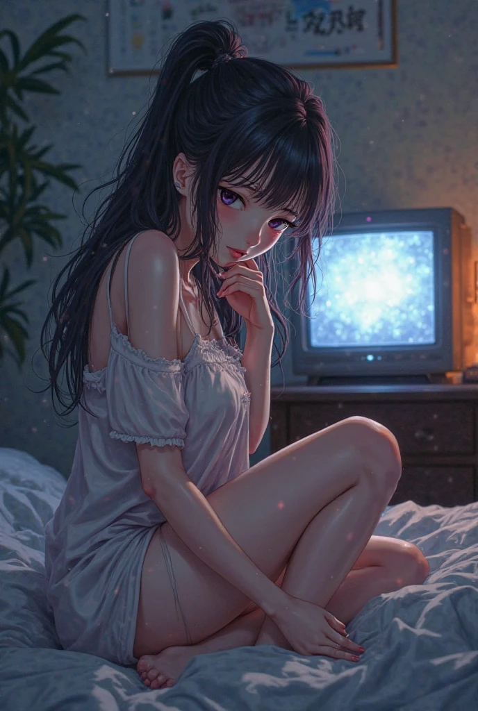 8K, underdetailed, masterpiece, high quality, highres, best quality, highres, 1girl, disheveled hair, illustration, focus on face, simple background, long hair, socks, black hair, hair between eyes, calm, long bangs, wolfcut, ribbons in hair, crimson red eyes, large breasts, very long hair, breasts, perfect face, perfect legs, pleated skirt, full lips, add_detail:-3