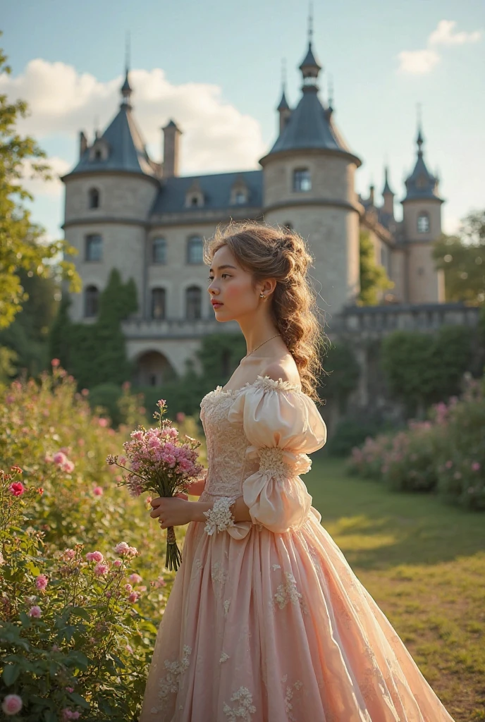 a princess walks through a villaa princess walks through a village followed by her cute bunnies. summer, flowers, shops with festively decorated windows.ge followed by her cute bunnies