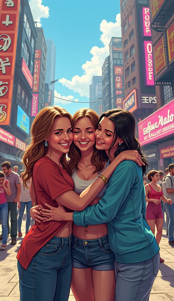 Female image , Highly detailed character designs, Digital Art Details, City Fan Art, Portrait design, Beautiful digital illustration, High quality portrait, Comic Art, Beautiful round breasts，a happy expression ，Extra large breasts，Two people，One with blond hair，One of her black hair mature mom，
