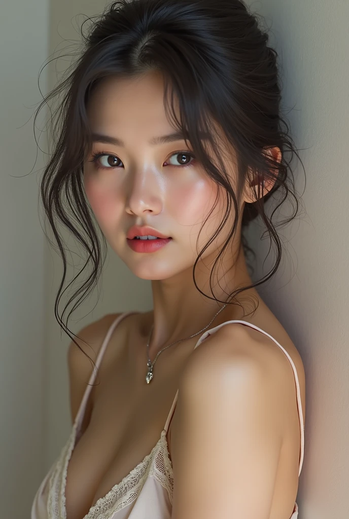 (from side), small breasts, sideboob, (flat chest), (drooling), (wet), (expressionless), (tears), looking_at_viewer, 20 years old fashion trendy beautiful beautiful beautiful girl, gentle and attractive Chinese beautiful girl, 20 years old, delicate and sexy collarbone, Attractive oval face, double eyelids, smart peach blossom eyes, pink lips, small nose, bare shoulders, focus on the face, chest close-up, ultra high definition, super detail, fresh and impressive