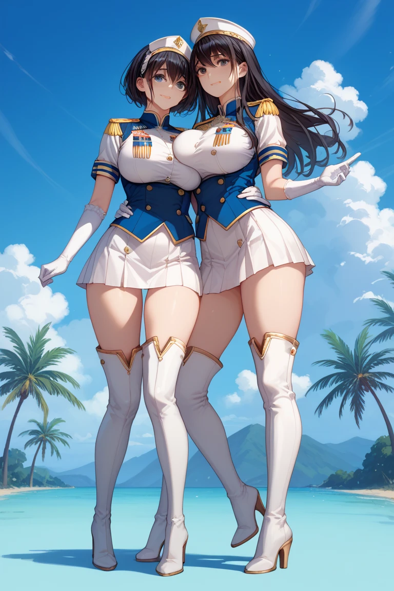 Sailor Beauty。Long hair。Beautiful face,big eyes,Double eyelids,Long eyelashes。Perfect body。White and tender skin。Full breasts,Thin waist。Hips,Long legs。military uniform,Plump thighs exposed。Boots。Boat-shaped military cap。