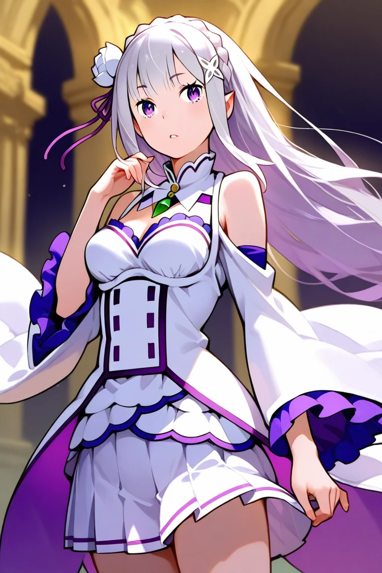 Anime girl with long white-purple hair and blue eyes in a purple dress, crisp clear rpg portrait, Smooth Anime CG Art, anime moe art style, detailed portrait of an anime girl, render of april, portrait of cute anime girlbabes, Beautiful Anime Portrait, Anime visuals of cute girls, Portrait Anime Girl, portrait of anime girl, anime character portrait, made with anime painter studio,Generate a body based on a face image, whole body, one girl, more_details:-1, more_details:0, more_details:0.5, more_details:1, more_details:1.5, (simple backgroundwhite background:1.5) full body standing looking at viewer solo