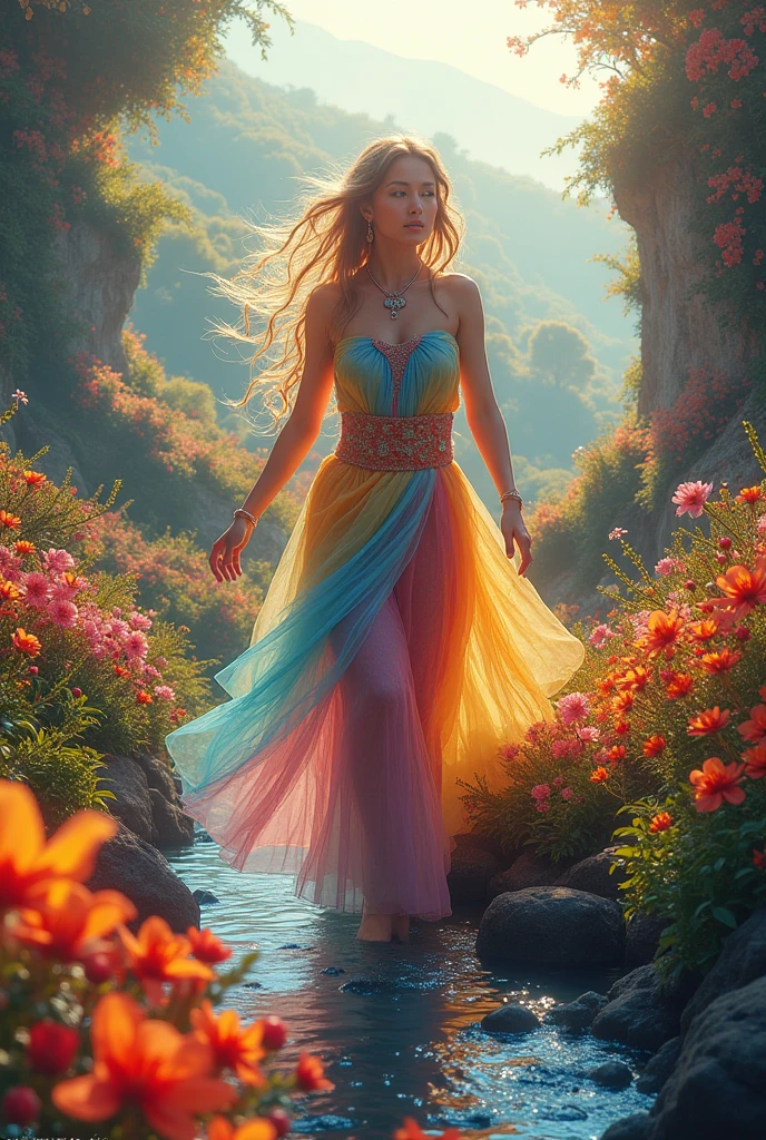A whimsical girl with long, flowing hair made of flowers, dancing in a field of vibrant colors. Rendered in a dreamy, watercolor style.