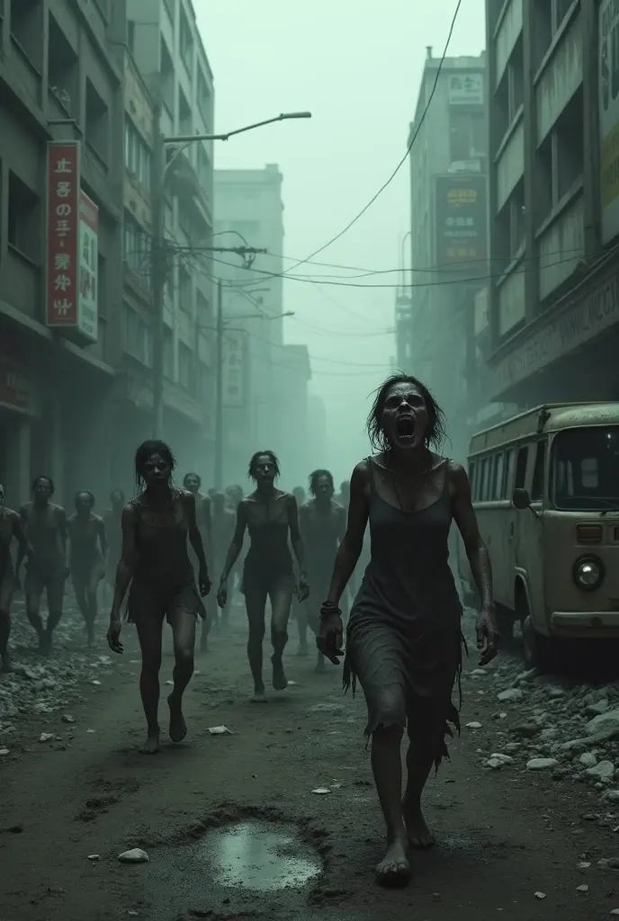 Create an intense scene inspired by a zombie apocalypse. In the foreground, a group of zombies moves toward the viewer. In the middle of the scene, a lone teenage girl stands, facing the approaching danger with determination. The background is a Thai-style urban street with traditional architecture and a tuk-tuk car. The sky is filled with dark, dramatic clouds, casting an eerie glow over the scene.