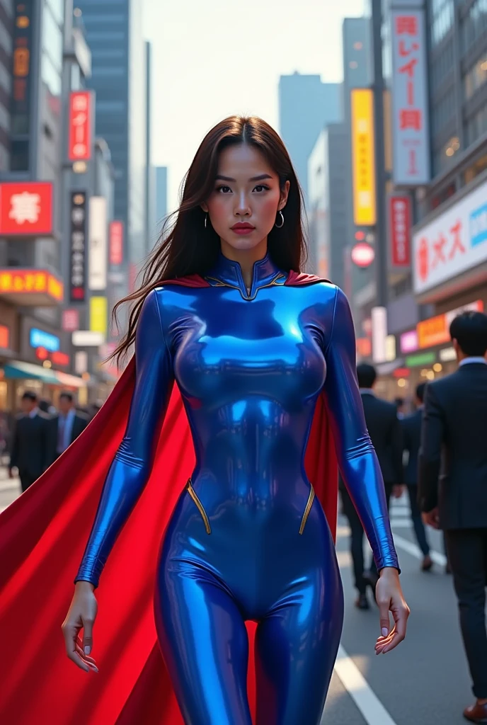 (masterpiece), (best quality), (ultra detailed), (epic lights reflections), glowing, luminous neon lights, 1girl, red eyes, red hair, full makeups, red lips, fit body hair blown by strong winds, she is a Beautiful Supergirl, very tight body shape suit, blue red Supergirl bodysuit, ultra bodysuit details, red cape blown by winds, ((full body)), symmetrical pose, model posing in the middle, metropolis city,