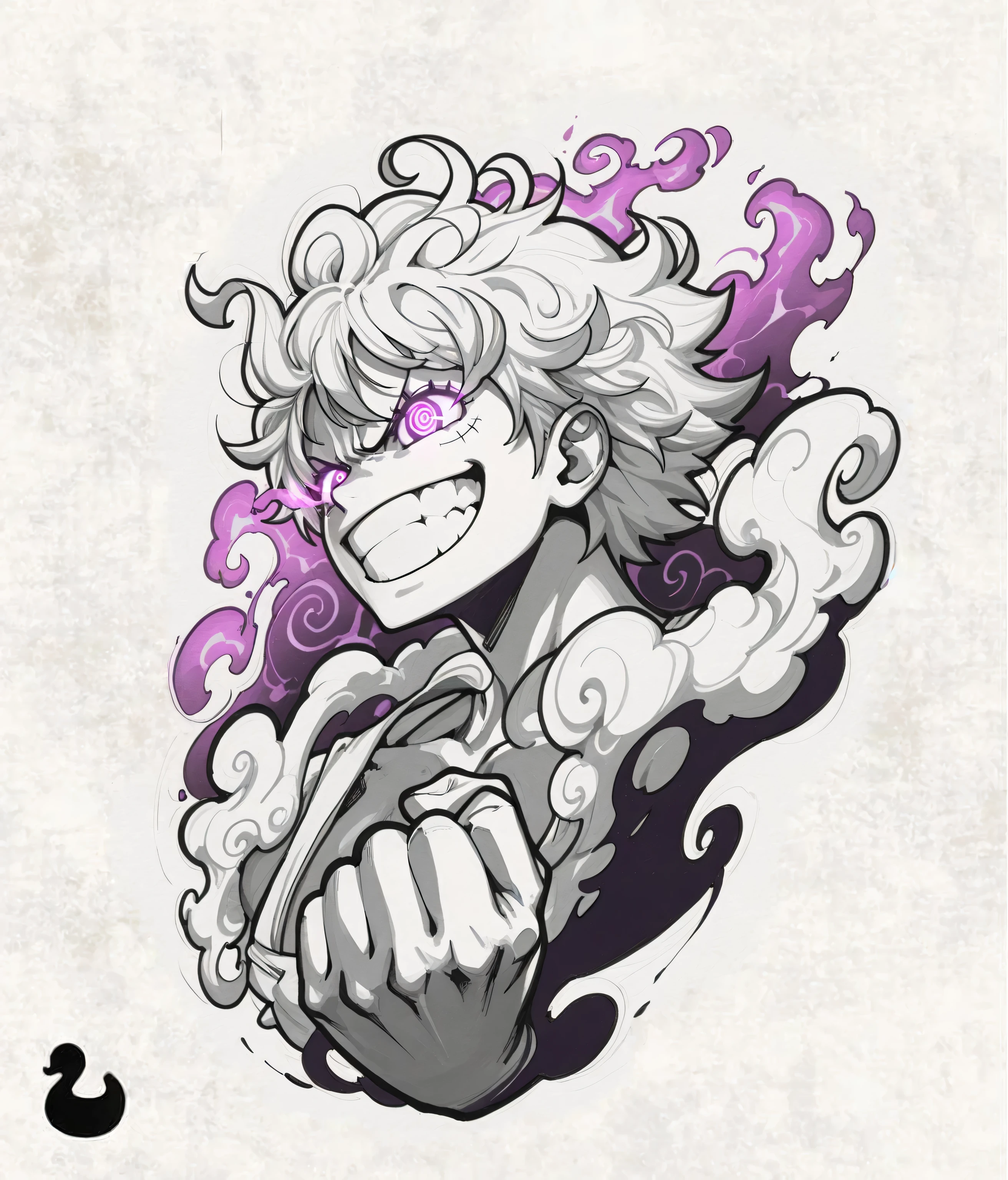 (masterpiece, best quality, ultra-detailed, professional design, centered composition, high-contrast shading, dramatic lighting), 
(Luffy Gear 5: soft simple white hair, spiral glowing eyes, luffy teeth grin, intense expression, eiichigo oda anime-style shading), (luffy gear 5 clothes),(dynamic smoke aura: flowing naturally, wrapping around body, stylized manga effect), 
(clenched one fist forward: exaggerated perspective, strong action pose, fingers tightly curled, dominant in foreground), 
(high contrast ink shading: deep black shadows, bold linework, white highlights, manga texture), 
(monochrome with subtle purple energy glow around Luffy), 
(clean white background, stylized composition, character positioned centrally, bold layout)