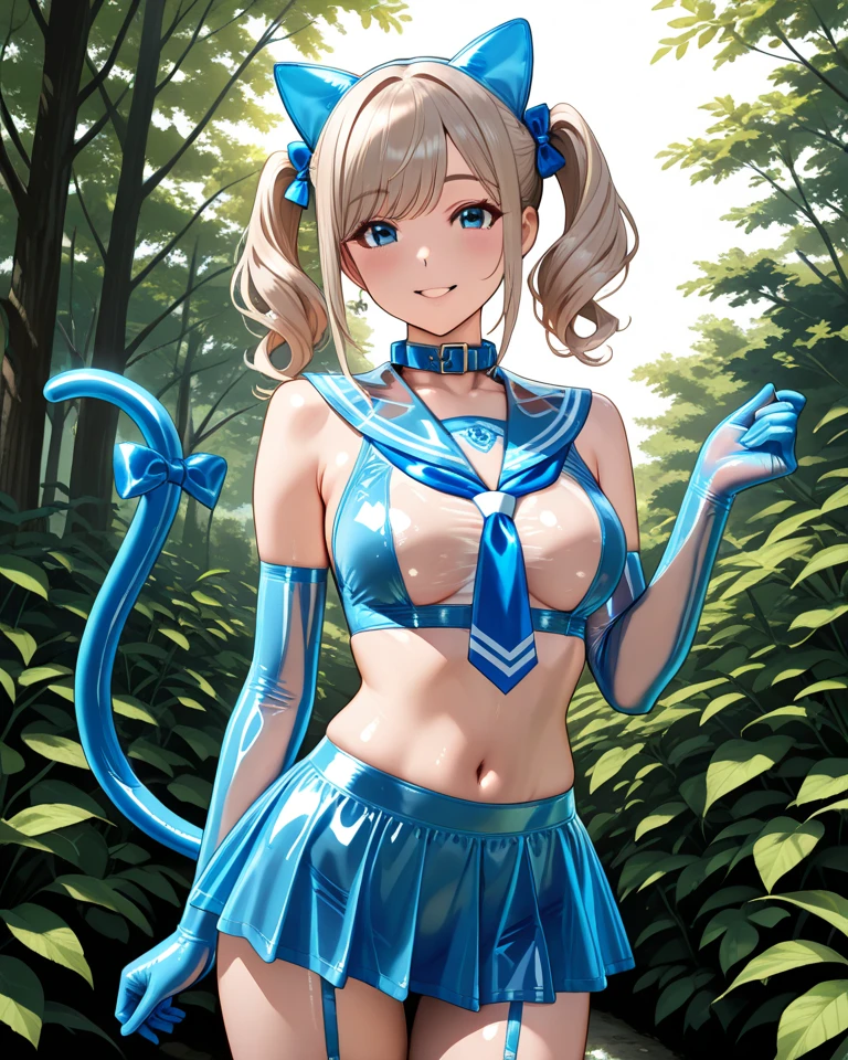 (beautiful young woman:1.2),(long straight blonde hair:1.1),(blue eyes:1.1),[blue cat ears+cat ears headband:1.3],(blue bikini),(very large breasts:1.3),(massive ass:1.3)