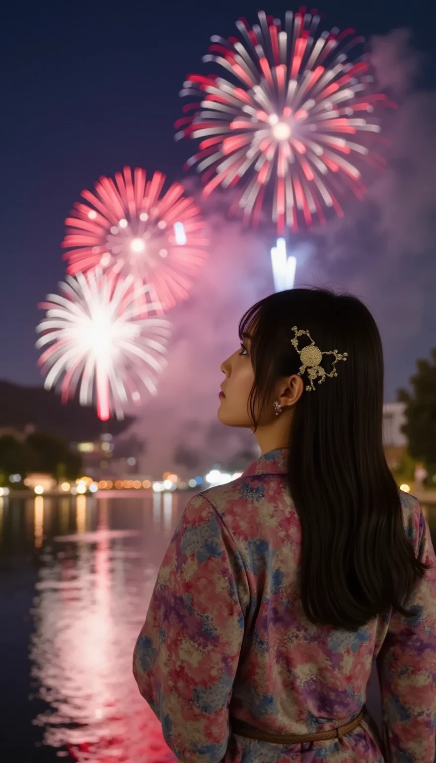 night、Riverside、Fireworks display、A cute girl in a gorgeous yukata、Back view、bondage、women only, I&#39;m praying。、masterpiece, 8K,  Delicate body, Delicate hair, sexy, whole body, Wide Hips、