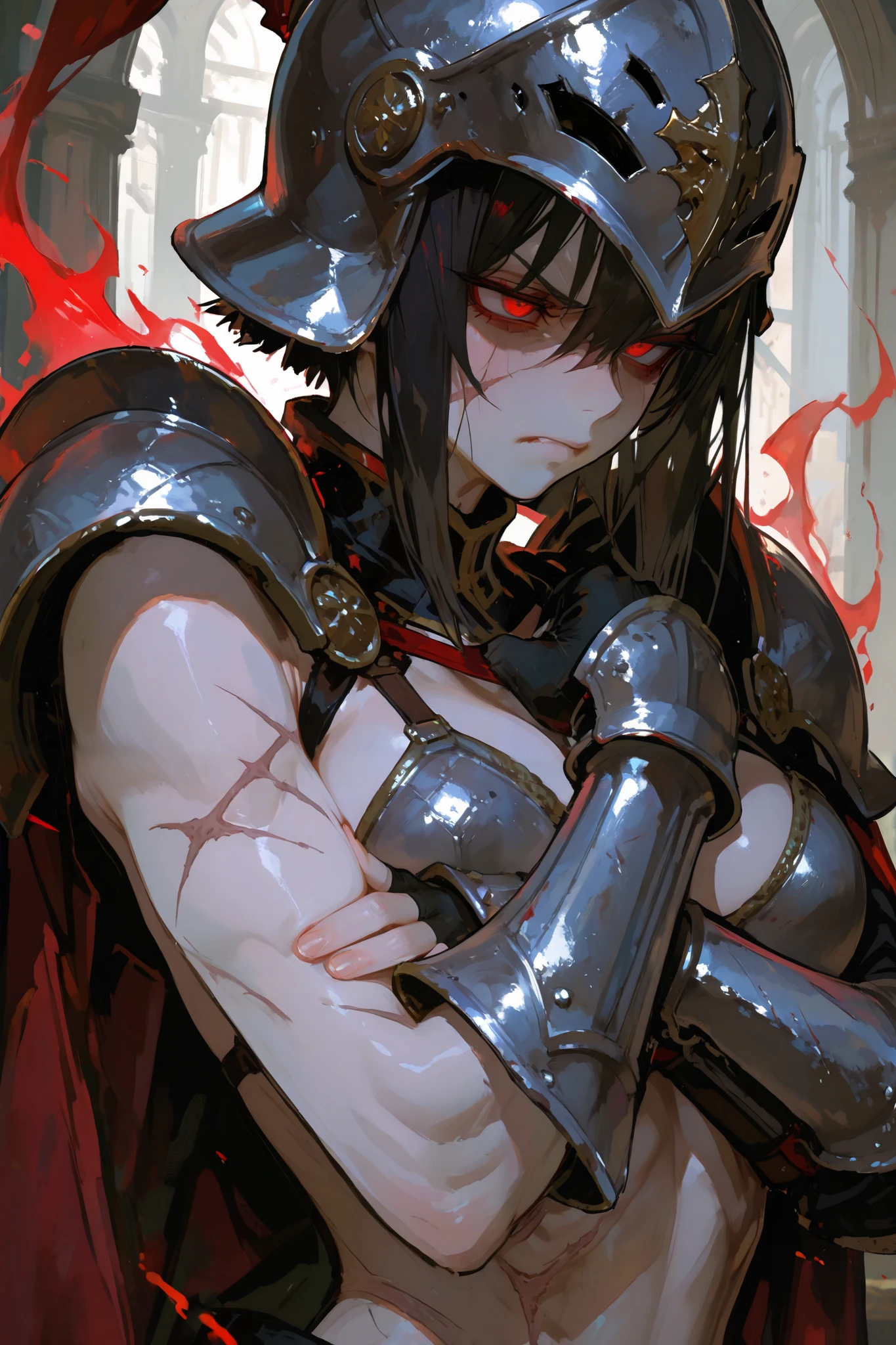 scan, (traditional media), (oil painting:0.9), (sketch:1.2), (extremely detailed CG unity 8k wallpaper:1.2), soft lighting, (best shadow), hair ornament, long hair, narrowed eyes, solo, ((upper body, torso)), looking at viewer, ((((samurai)))), (mecha), (((armor))), (black robe), ((glowing)), floral print, ((cloak)), intricate, god of war, Samuraniji, (((tokyo cyberpunk scenery))), mature female, black hair, ((red eyes)), cyborg, (((messy hair))), bangs, ((((narrow eyes)))), ((squinting)), (glaring), expressionless, closed mouth, ((medium breasts)), ((((blood))))