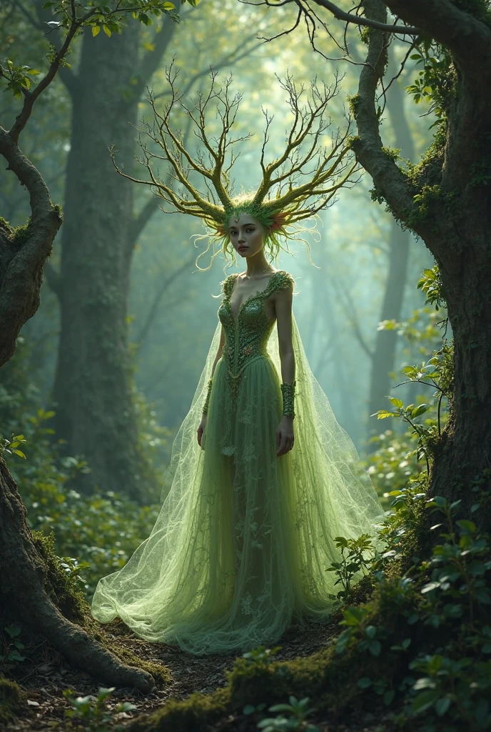 Make a dreamy mysterious horror style image symbolizing the embracement of nature, beautyfull green forest, delightfullness, symbols