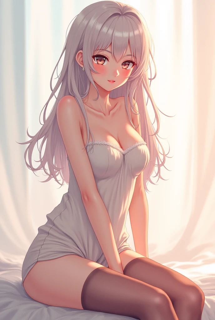 1Girl, Solo, Anime, Ideal body, (Cleavage, Small breast). Beautiful, Gorgeous, Fresh, Blunt Bangs, (White Grey Hair:1.5),(Straight and Wavy Long Hair:1.3), lingerie, sleep cloth, sleep dress, night dress, Off-Shoulder, Oversize , dress laced, Comfort, Loose dress, Fabric Texture. (Sit on bed:1.3). Earrings, Thin Black Headband, Green Accessories, Environmental Details, Bed Room, Natural Light, Modern Bed, Chair, Window, White Curtain, City View. pov, anime style, UHD, retina, masterpiece, accurate, anatomically correct, textured skin. High Resolution, Looking at viewer, Blush, Best Quality, Award Winning, Accurate, Embarrassed, seductive smile, sweating, Naughty Face, Naughty, Gradient Eye Color, Sexy Pose. Cowboy Shot, licking lips, high class, tongue out.