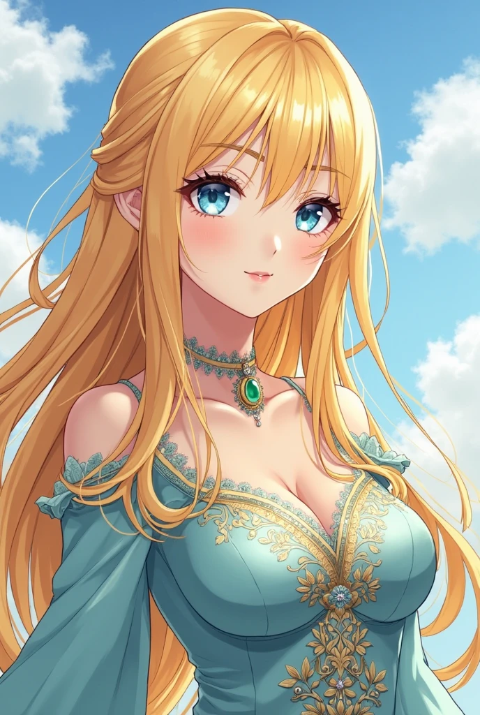 1girl, (shoujo-style:1.2), engraved, blonde hair, solo, long hair, flower, dress, tiara, white dress, gloves, long sleeves, choker, green eyes, mascara, makeup, white gloves, black bow, wavy hair, bow, jewelry, looking at viewer, white background, collarbone, cleavage, puffy sleeves, golden accessories, earrings, jewelry, upper body, parted bangs, very long hair, blue dress, frills, bangs, closed mouth, detailed eyes