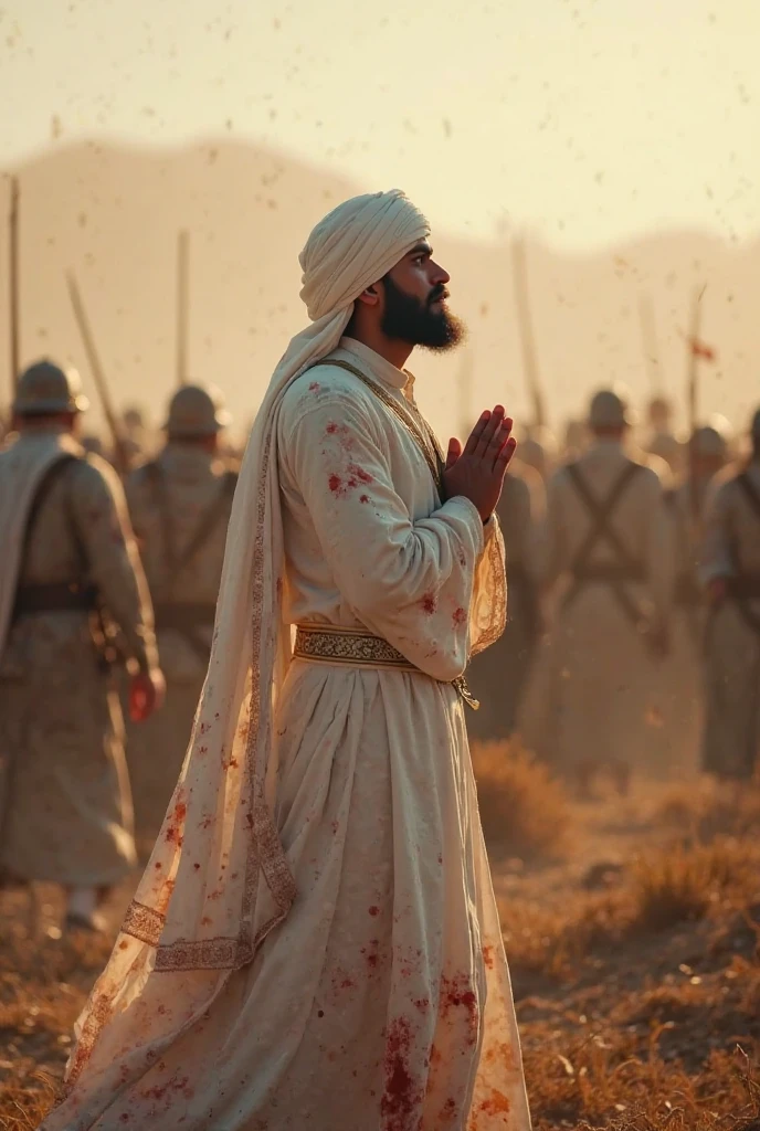 A Muslim man warrior with his sword offering namaz on the battlefield. There are dead bodies lying on all four sides. And he sit-down for namaz and raised her hand and prayed to Allah. There are birds flying towards the sky. His horse is beside him.