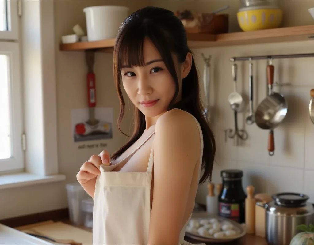 One Girl,Long Hair,smile, ((Naked Apron)),(kitchen) 、RAW Photos, (photoRealistic:1.37, Realistic), 8K wallpaper incorporating highly detailed CG, View your audience, (((Straight from the front))), (high qualityスキン:1.8, Shiny skin), 8K Ultra HD, Digital SLR, Soft lighting, high quality, Film Grain, Fujifilm XT3,  (Professional Lighting:1.6)、Big Breasts、No clothes、I&#39;m not wearing anything、No clothes、(whole body:1.5)