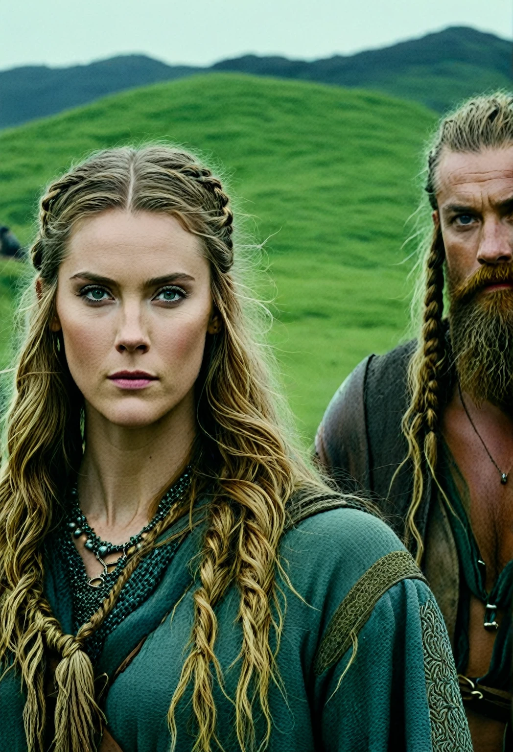 Create a curly blonde woman from the back and 3 tall handsome men with bear fur