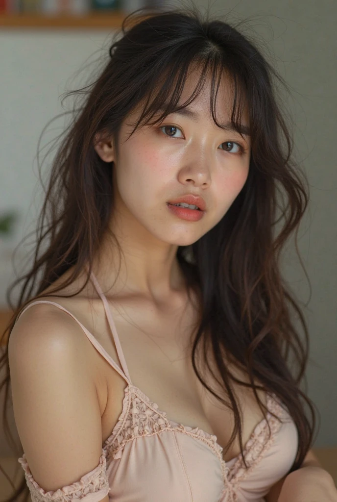 masterpiece, Highest quality, photograph,Lying in bed, They flash a provocative smile at the viewer., Full body portrait, , Bold Pose,Lift your legs、kiss、I can see the side,Medium Hair,((Straight Hair,Keep your bangs straight down)),(Thin face,Small jaw,Wide forehead,The space between the eyes is narrow),Short neck