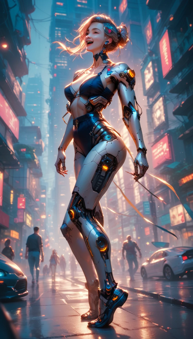Within a futuristic metropolis, a cyborg woman, her attire shredded, stands against the backdrop of towering holographic billboards, amidst a sea of bustling crowds, showcasing the fusion of human and machine in a cyberpunk world, Digital art, high-resolution render, --ar 16:9 --v 5