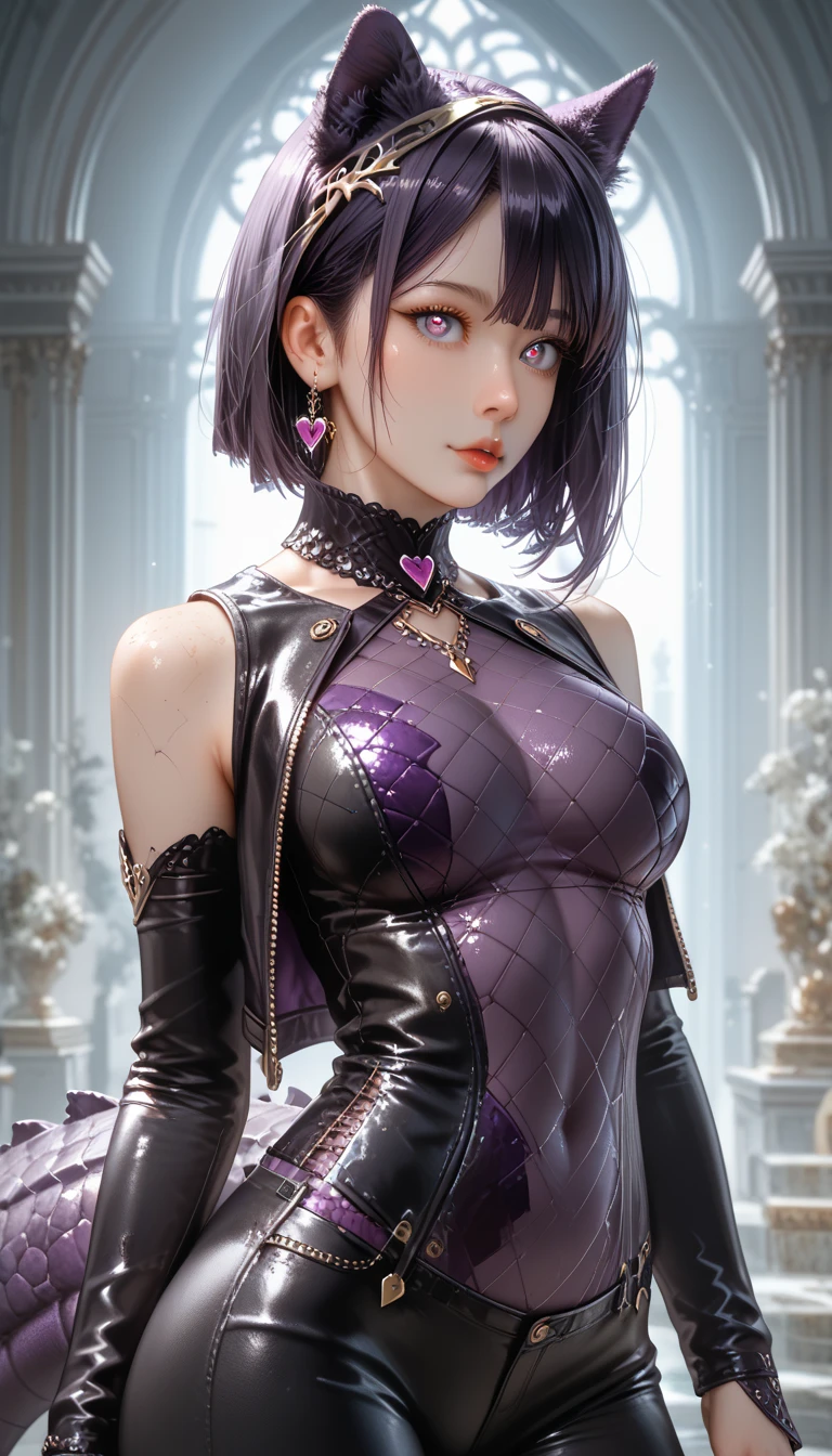 A Cute Girl with white skin, sexy young body, size (small), chubby, short hair (up to the shoulders) black and wavy [with shades of reds], purple eyes [shiny], bbwchan, big breasts, black clothes (yor forger costume), round face, realistic lighting, Radiosity, in a medieval city, Close Up.