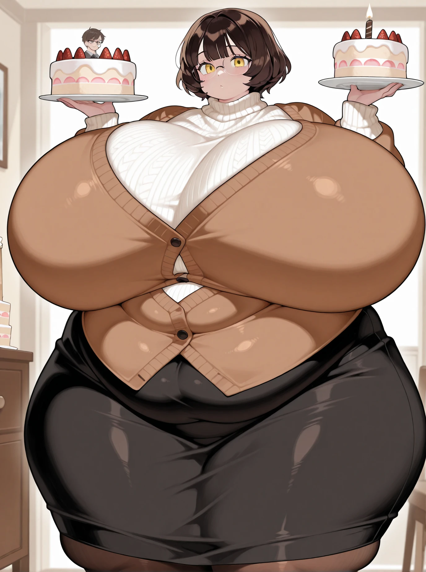a chubby housewife wearing an exquisite suit, holding food in her hands and smiling, 8k, highly detailed, photorealistic, warm lighting, soft colors, cozy atmosphere, cinematic composition, Sexy clothing, full body