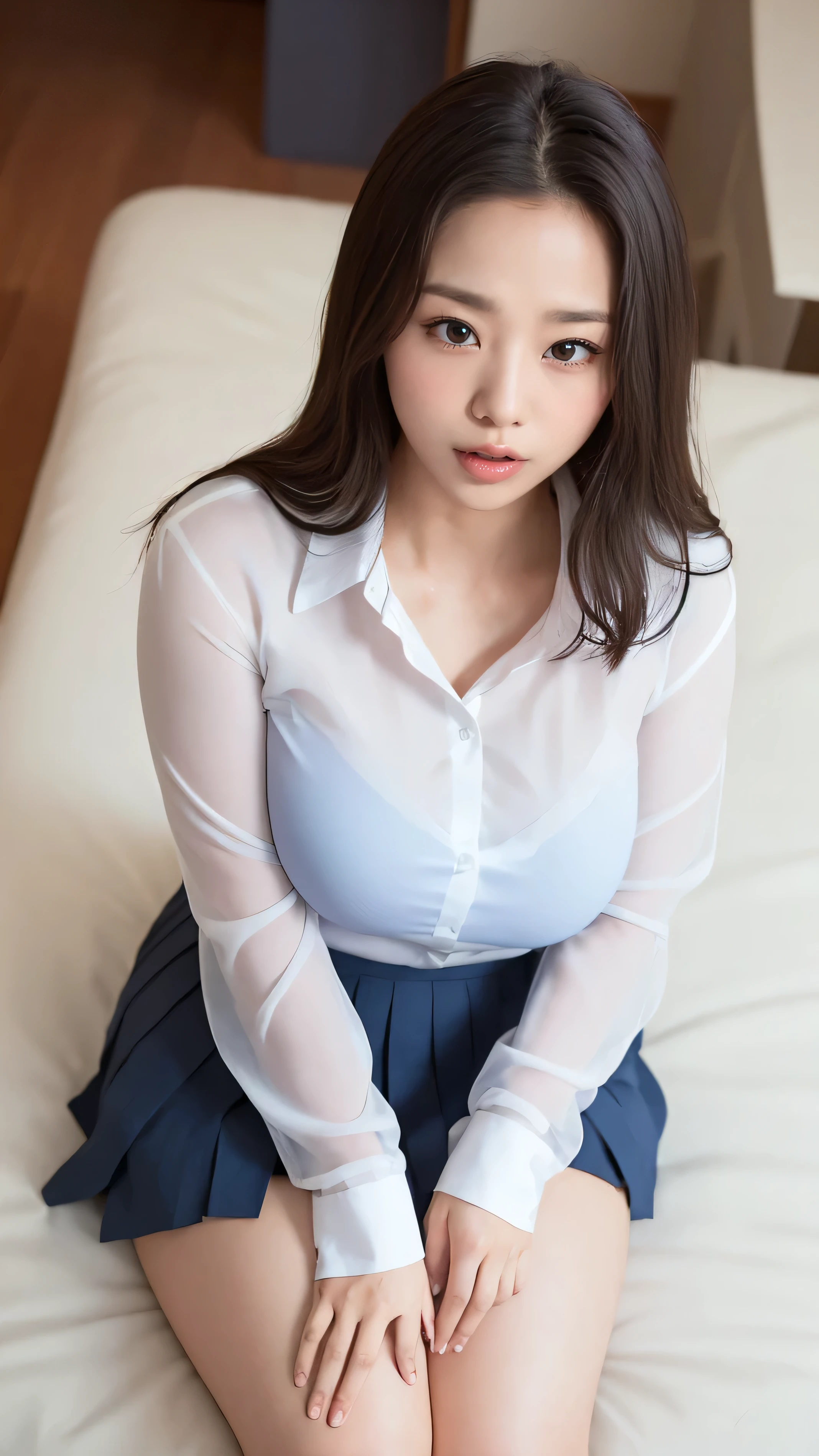 Big Breasts、((Japanese woman)) , (( Transparent white shirt))、(curvy body)、 sensual expression、((angle from above))、Open your mouth lightly 、I'm staring 、on bed、 looks up 、(dark blue pleated skirt for indoor floor) 、((high school uniform))、((胸のgap ))、(seen from above、 gap)open their mouths,